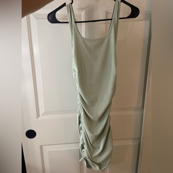 Sage Green Ribbed Drawstring Dress - Picture 2 of 4